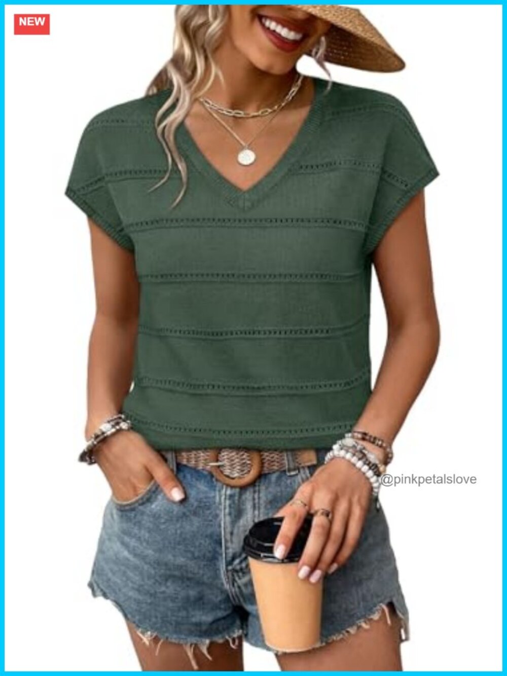 WIHOLL V-Neck Short Sleeve Knit Top Cap Sleeve Business Casual